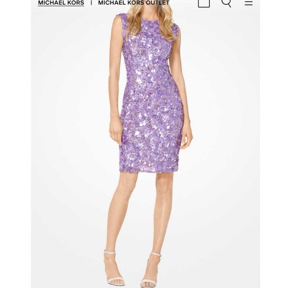 Michael Kors Collection Floral Sequined Stretch-Tulle Sheath Dress in Lilac SZ 2